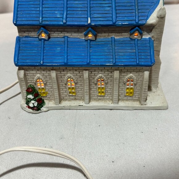 Vintage Ceramic Light-Up Church Figurine With Blue Roof & Christmas Tree - Picture 4 of 5